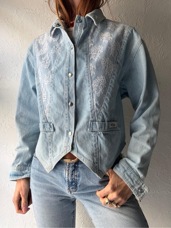 Vintage Jackets & Blazers - Vintage Coastal Cowgirl Western Pulse by Aero Denim Lace Jacket Blue White L